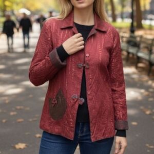 EUC Structured Chaos Size Large Art-to-Wear Crushed Silk Jacket Maroon!